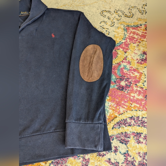 Polo Ralph Lauren Men X-Large Navy Shawl Neck Knit Sweater Suede Elbow Patch - Picture 2 of 4